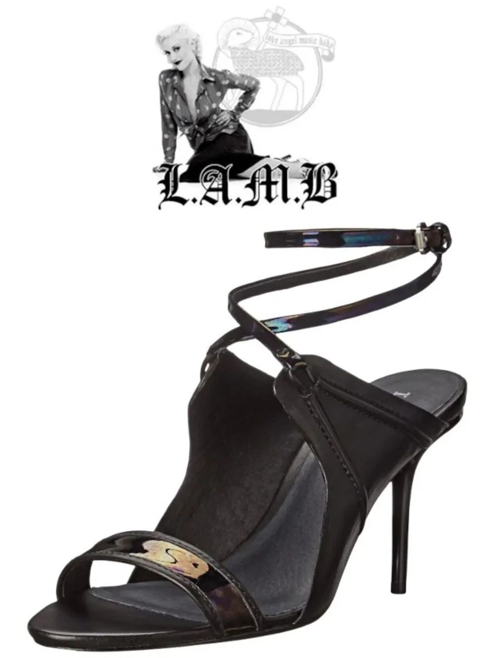 L.A.M.B. Gwen Stefani Black Genuine Leather Bambi Sandal Heels Sz 6,5 NEW IN BOX